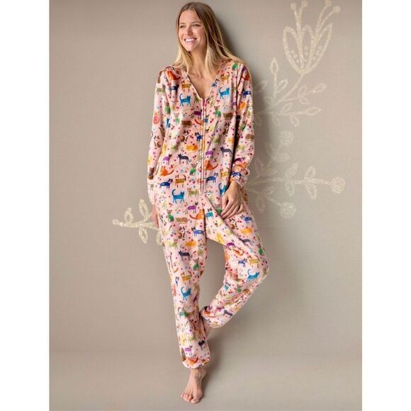 NATURAL LIFE Pants - Natural Life Cats Print One Piece Jumpsuit size XL Pink Multicolor Long Sleeve